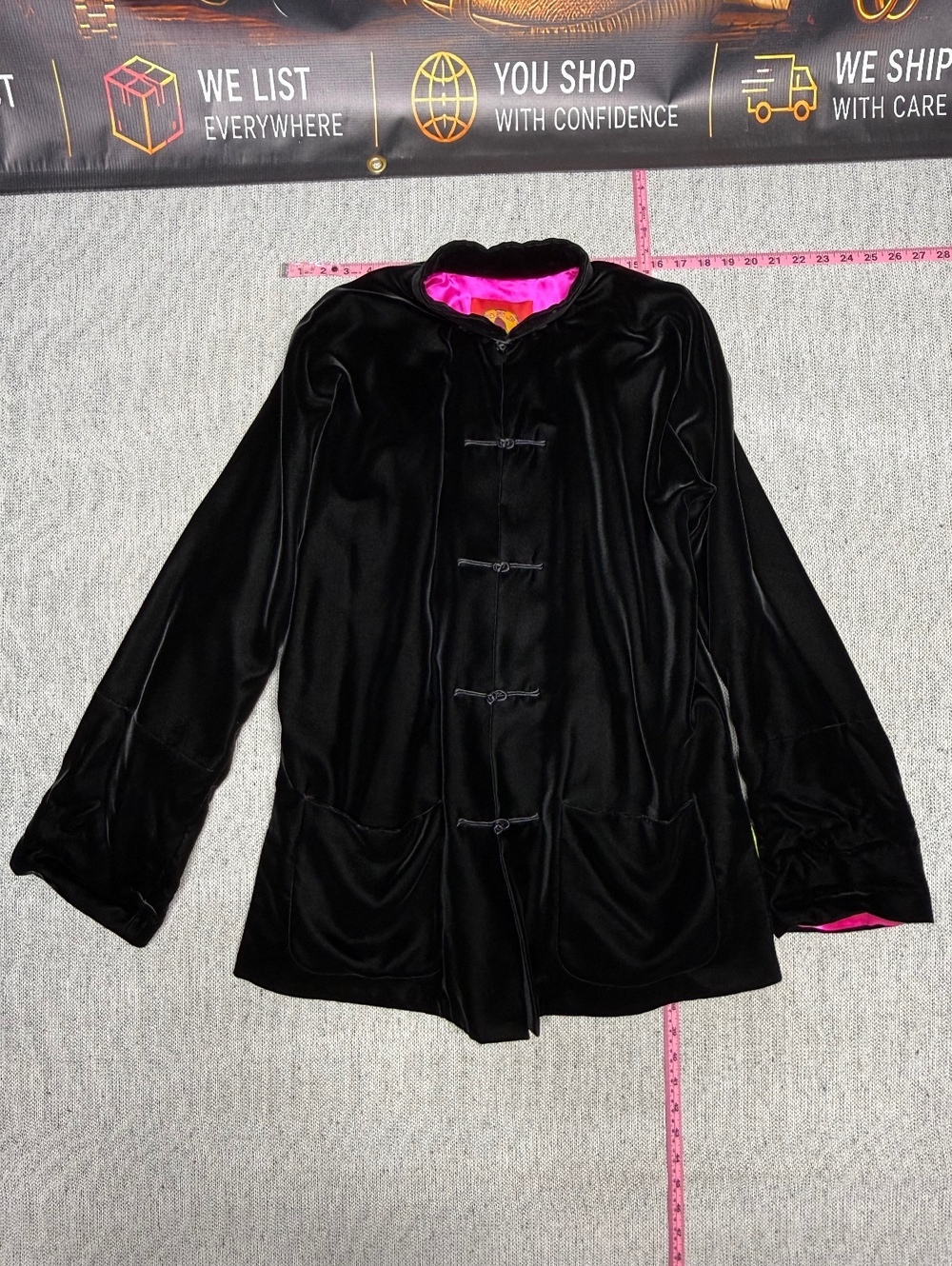 Shanghai Tang Black Velvet Jacket w/ Pink Silk Lining US 12